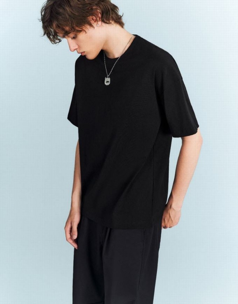 Urban Revivo Drop Shoulder Sleeve Crew Neck Men's T-Shirts Black | FZGAWBS-79