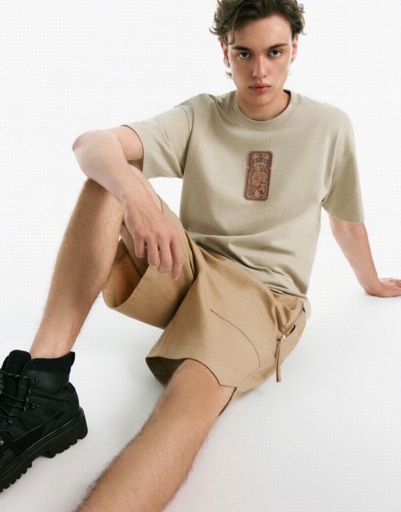 Urban Revivo Drop Shoulder Sleeve Crew Neck Men's T-Shirts Khaki | HOTRBAL-72