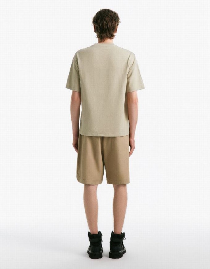 Urban Revivo Drop Shoulder Sleeve Crew Neck Men's T-Shirts Khaki | HOTRBAL-72