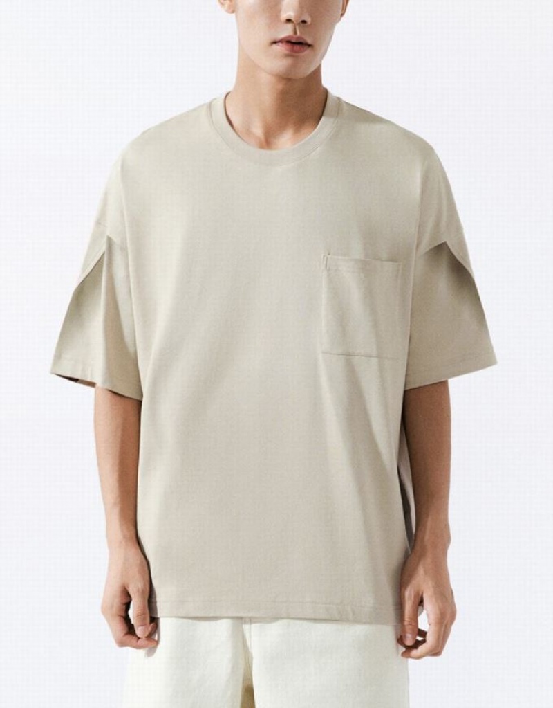 Urban Revivo Drop Shoulder Sleeve Crew Neck Men's T-Shirts Khaki | SAQNDVY-21