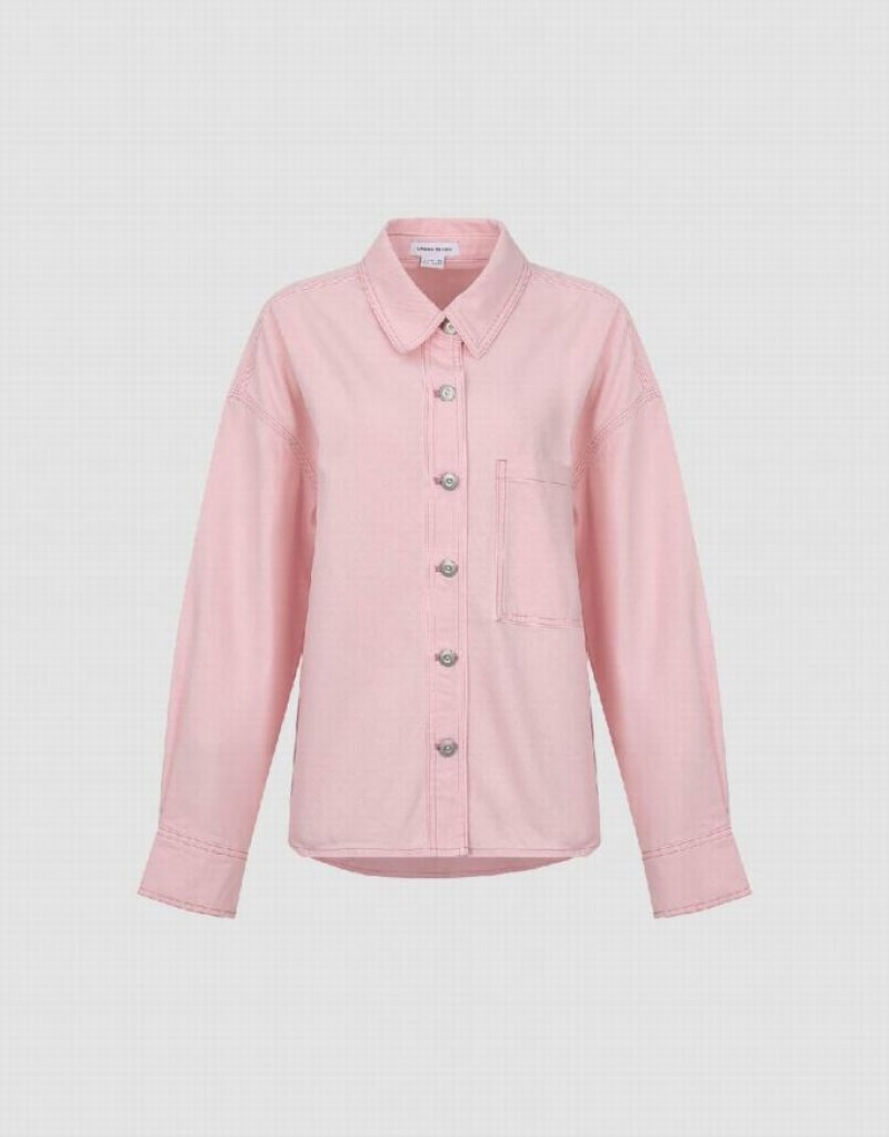 Urban Revivo Drop Shoulder Sleeve Denim Women's Shirts Pink | AFRPKYX-94