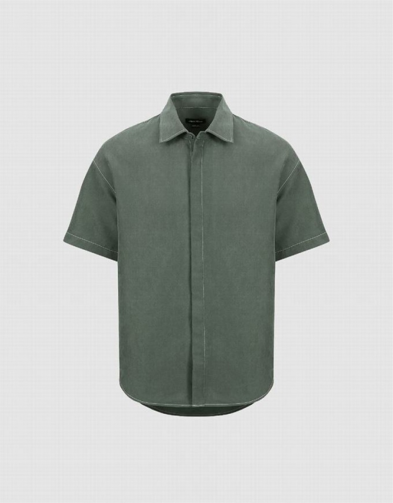 Urban Revivo Drop Shoulder Sleeve Loose Men's Shirts Green | MZWBKET-21