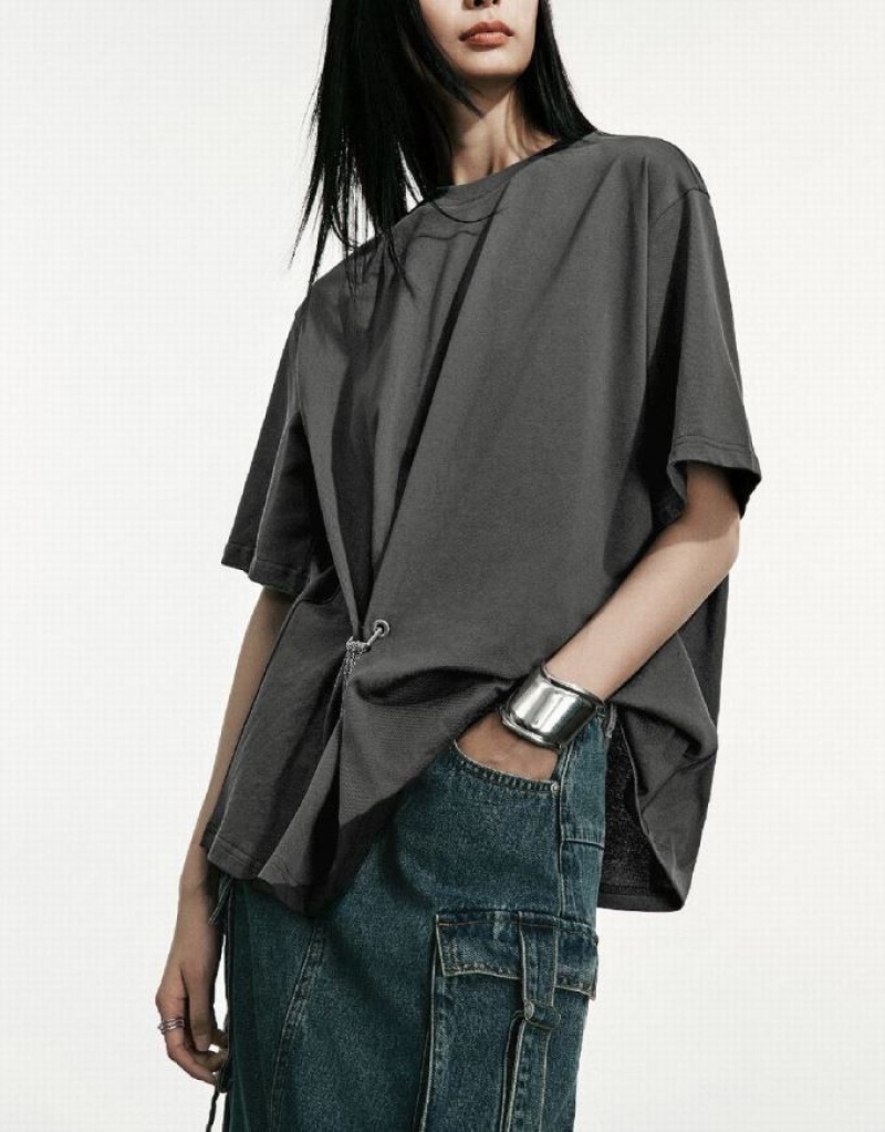 Urban Revivo Drop Shoulder Sleeve Loose Women's T-Shirts Dark Grey | UJAWLTY-24