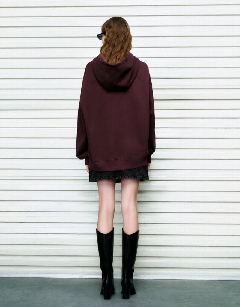 Urban Revivo Drop Shoulder Sleeve Oversized Women's Hoodie Burgundy | QHBEGJR-16