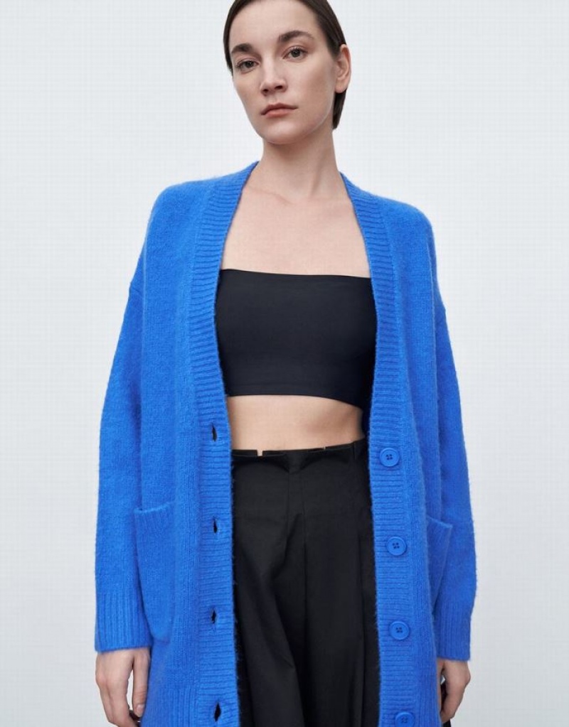 Urban Revivo Drop Shoulder Sleeve V-Neck Knitted Women's Cardigan Blue | GYWDSQP-78