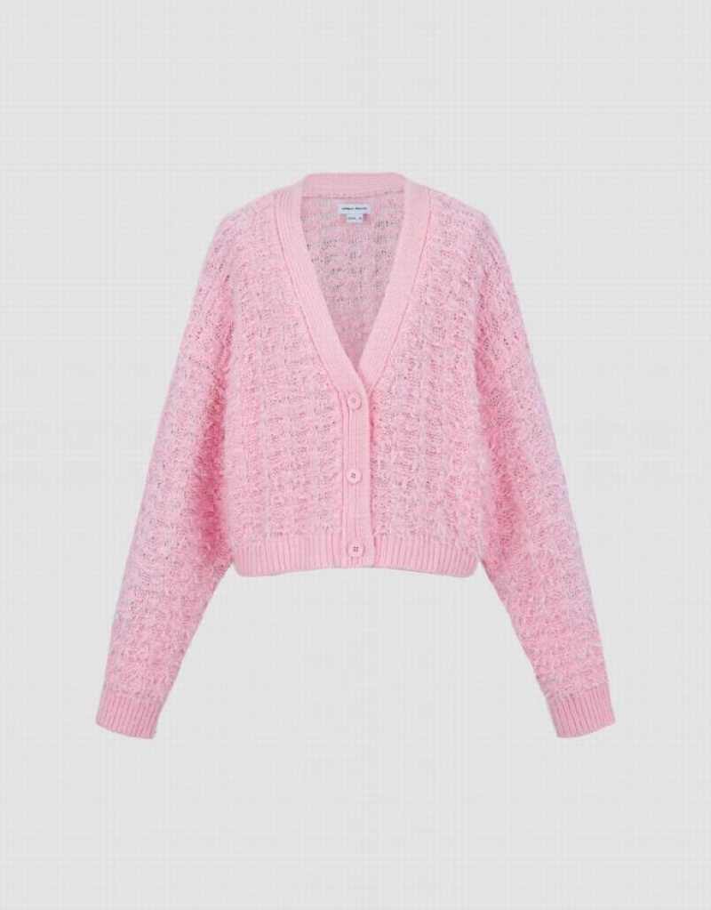 Urban Revivo Drop Shoulder Sleeve V-Neck Knitted Women's Cardigan Pink | OTXEFAB-16