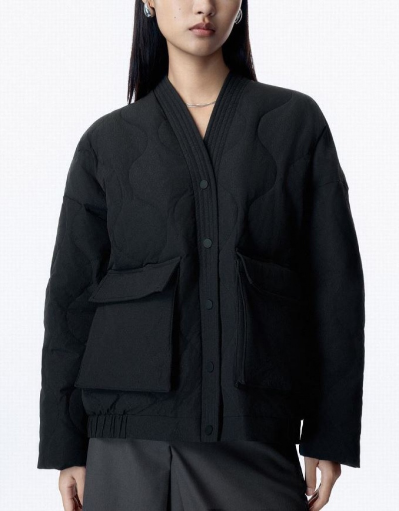 Urban Revivo Drop Shoulder Sleeve V-Neck Women's Down Jackets Black | WPFESZH-86