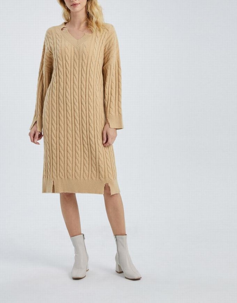 Urban Revivo Drop Shoulder Cable Women's Knitted Dress Khaki | JFTQEOA-76