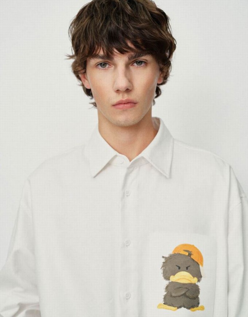 Urban Revivo Duck Printed Oversized Men's Shirts White | HYEXDSA-14