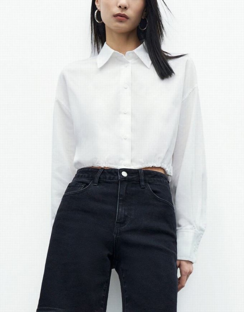 Urban Revivo Elastic Hem Cropped Balloon Women's Shirts White | FZXEBTC-16