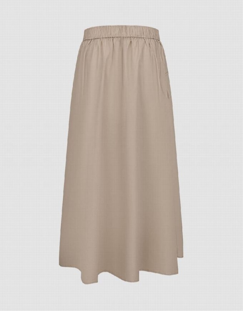 Urban Revivo Elastic Waist Midi A-Line Women's Skirts Khaki | ZQLIJNS-07