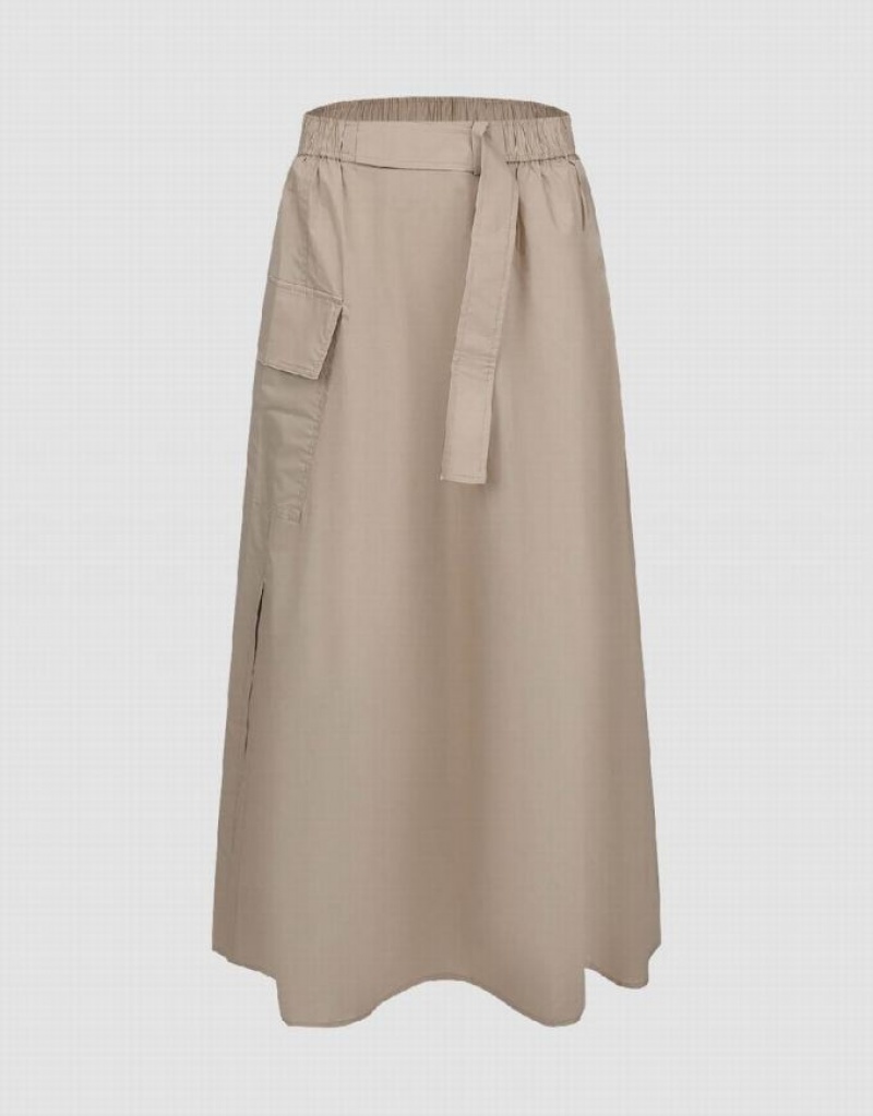 Urban Revivo Elastic Waist Midi A-Line Women\'s Skirts Khaki | ZQLIJNS-07