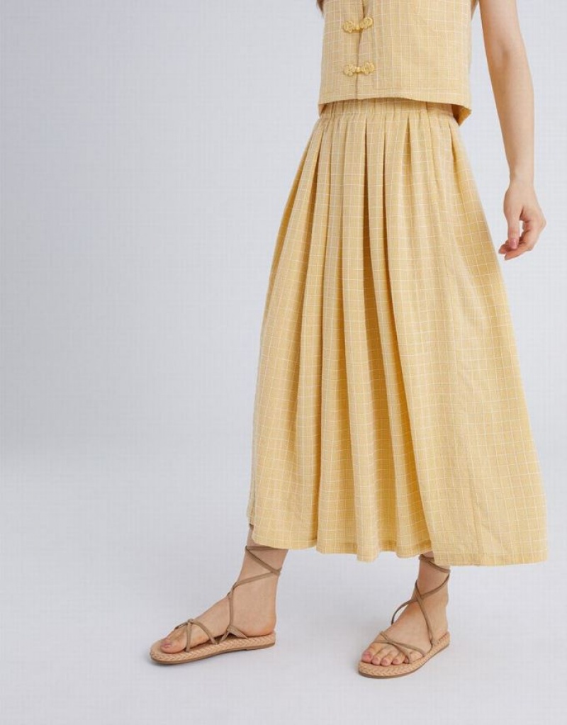 Urban Revivo Elastic Waist Plaid Skater Women's Skirts Yellow | UBNWFVR-89