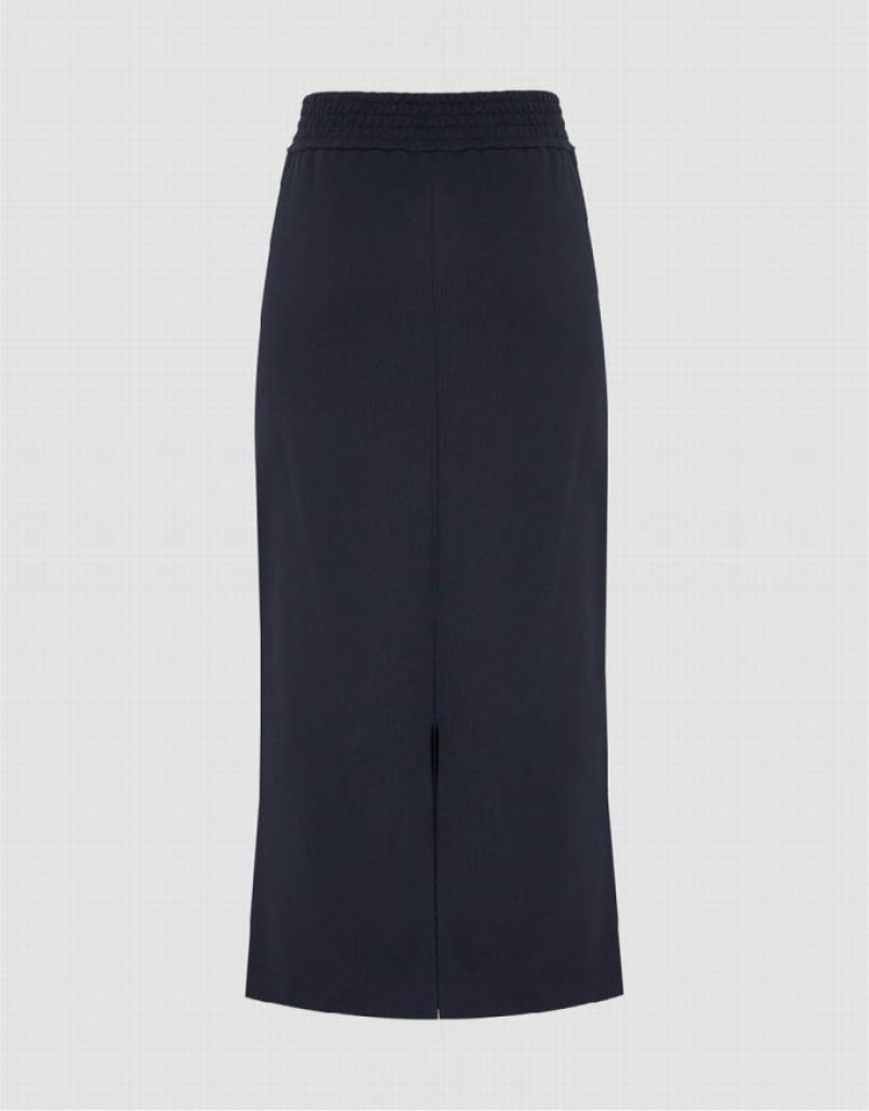 Urban Revivo Elastic Waist Straight Midi Women's Skirts Navy | YJFDBNV-30