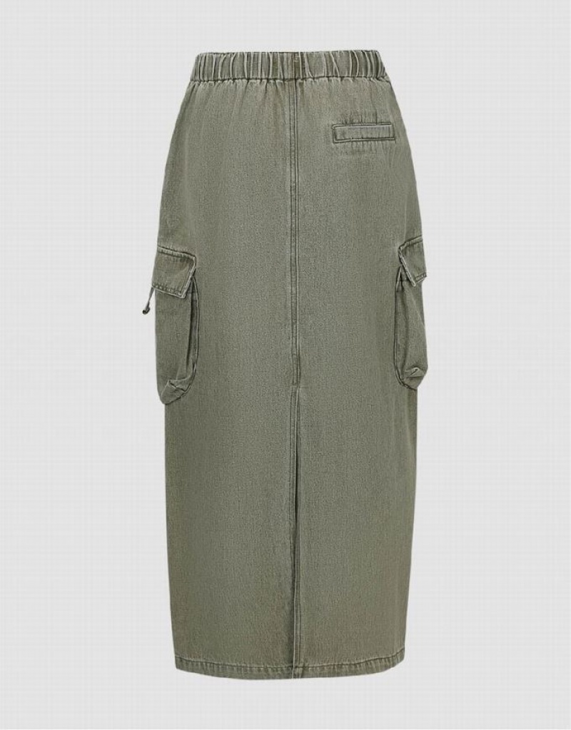 Urban Revivo Elastic Waist Straight Women's Denim Skirt Green | RLWUXDE-13