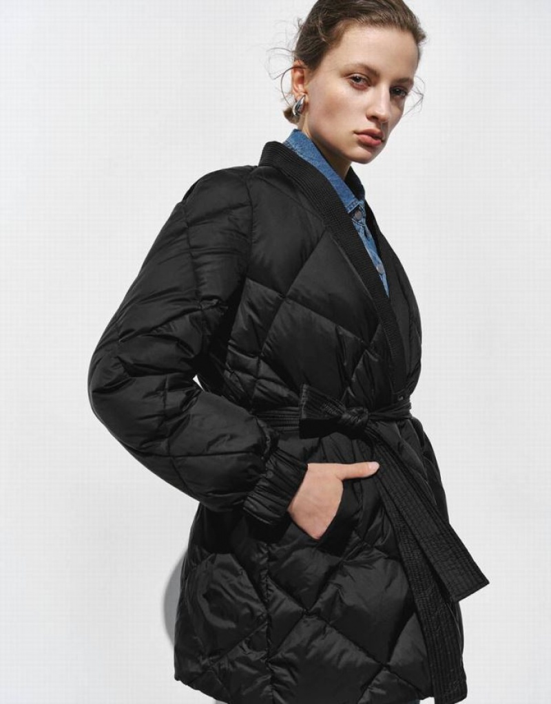 Urban Revivo Embossed V-Neck With Belt Women's Down Jackets Black | JDYOBWI-21