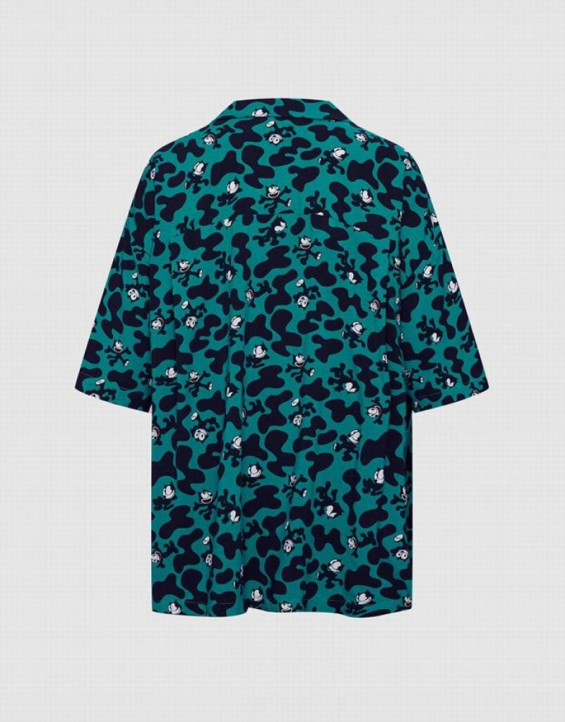 Urban Revivo Felix The Cat Allover Print Women's Shirts Green | DNZGBCA-62