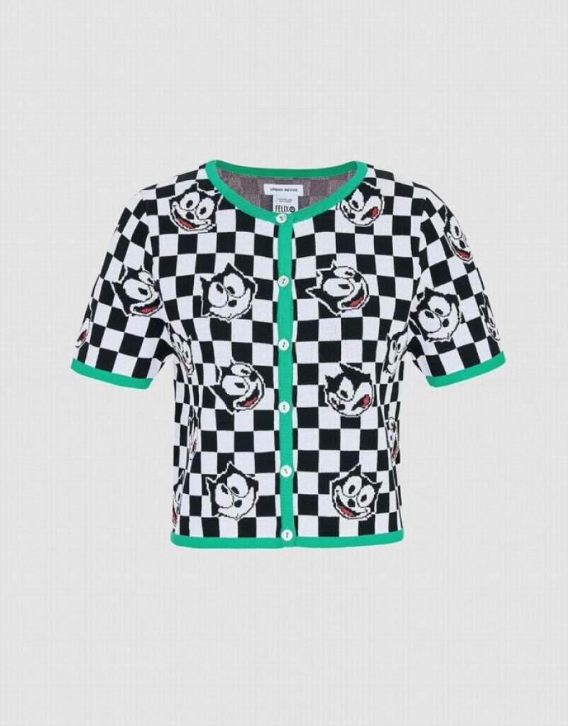 Urban Revivo Felix The Cat Checkered Short Sleeve Women\'s Cardigan Multicolor | DKUNOEP-68