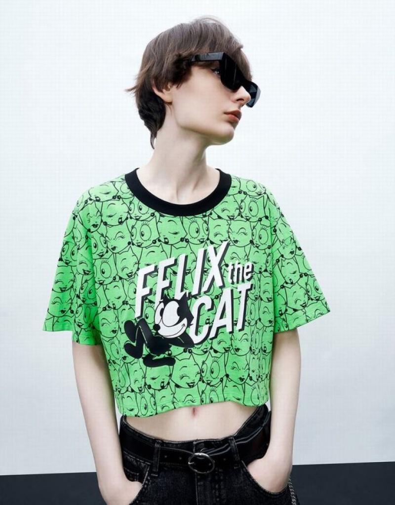 Urban Revivo Felix The Cat Printed Crew Neck Women's T-Shirts Green | QDGOVAF-80