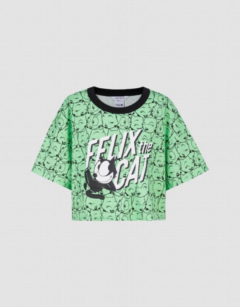 Urban Revivo Felix The Cat Printed Crew Neck Women's T-Shirts Green | QDGOVAF-80