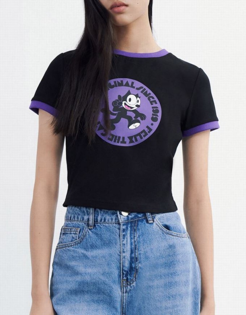 Urban Revivo Felix The Cat Women's T-Shirts Black | OCEKVAN-36