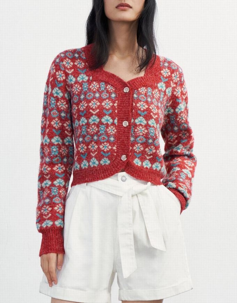 Urban Revivo Floral Button Up Women's Cardigan Red | PLWCJEH-30