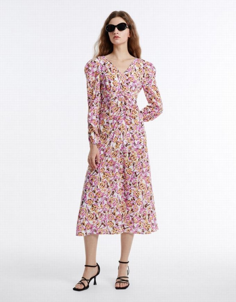 Urban Revivo Floral Chiffon Women's Casual Dress Purple | LQZOXGJ-78