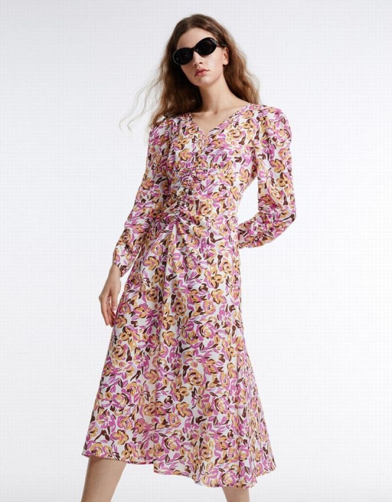 Urban Revivo Floral Chiffon Women\'s Casual Dress Purple | LQZOXGJ-78