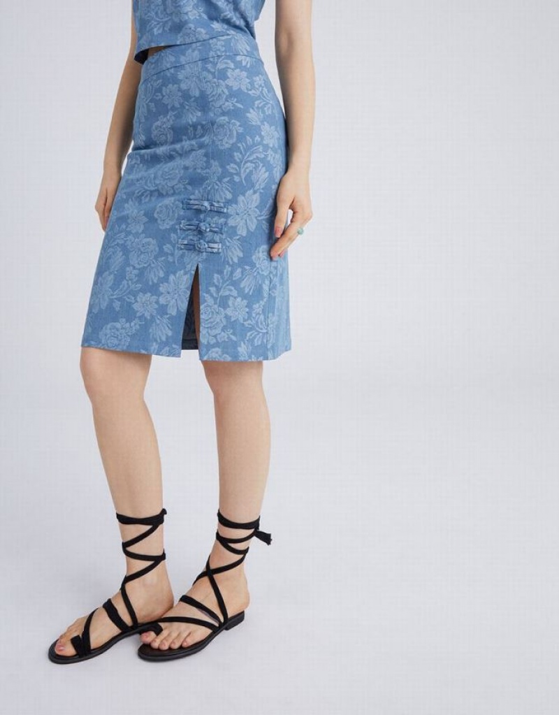 Urban Revivo Floral Jacquard Frog Button Women's Denim Skirt Blue | YXJEHMI-71