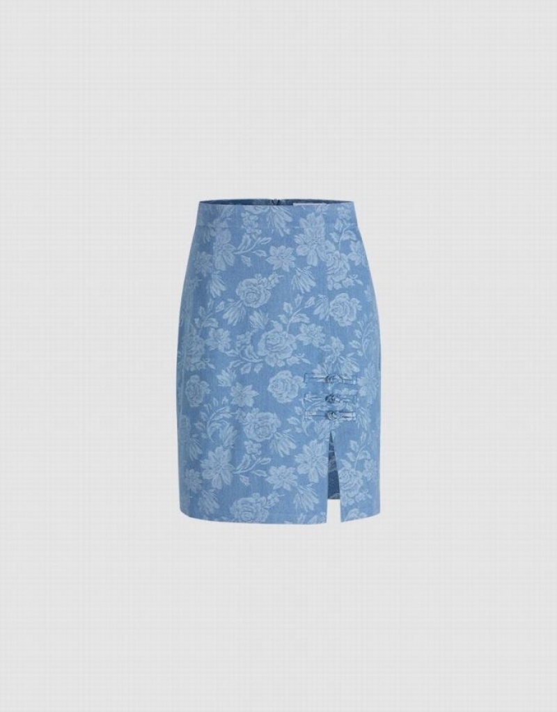 Urban Revivo Floral Jacquard Frog Button Women\'s Denim Skirt Blue | YXJEHMI-71