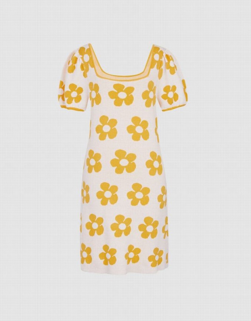 Urban Revivo Floral Pattern Puff Sleeve Women's Knitted Dress Yellow | EWMRTVC-68