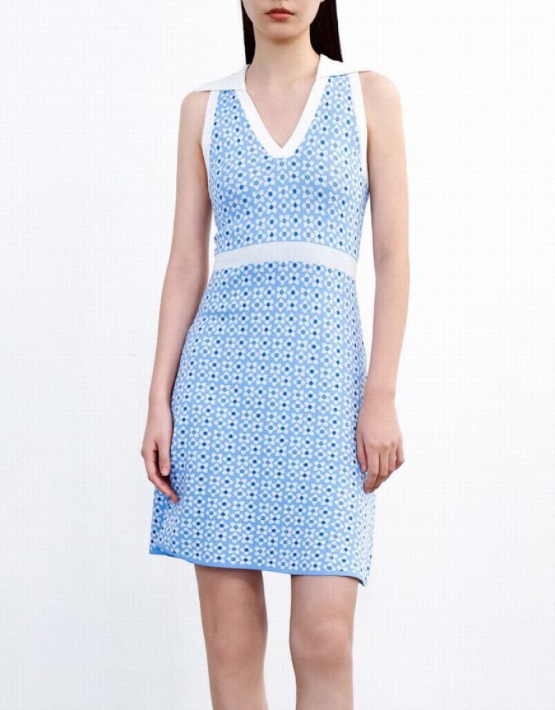 Urban Revivo Floral Pattern Sleeveless Women's Knitted Dress Blue | RCZKPQH-15