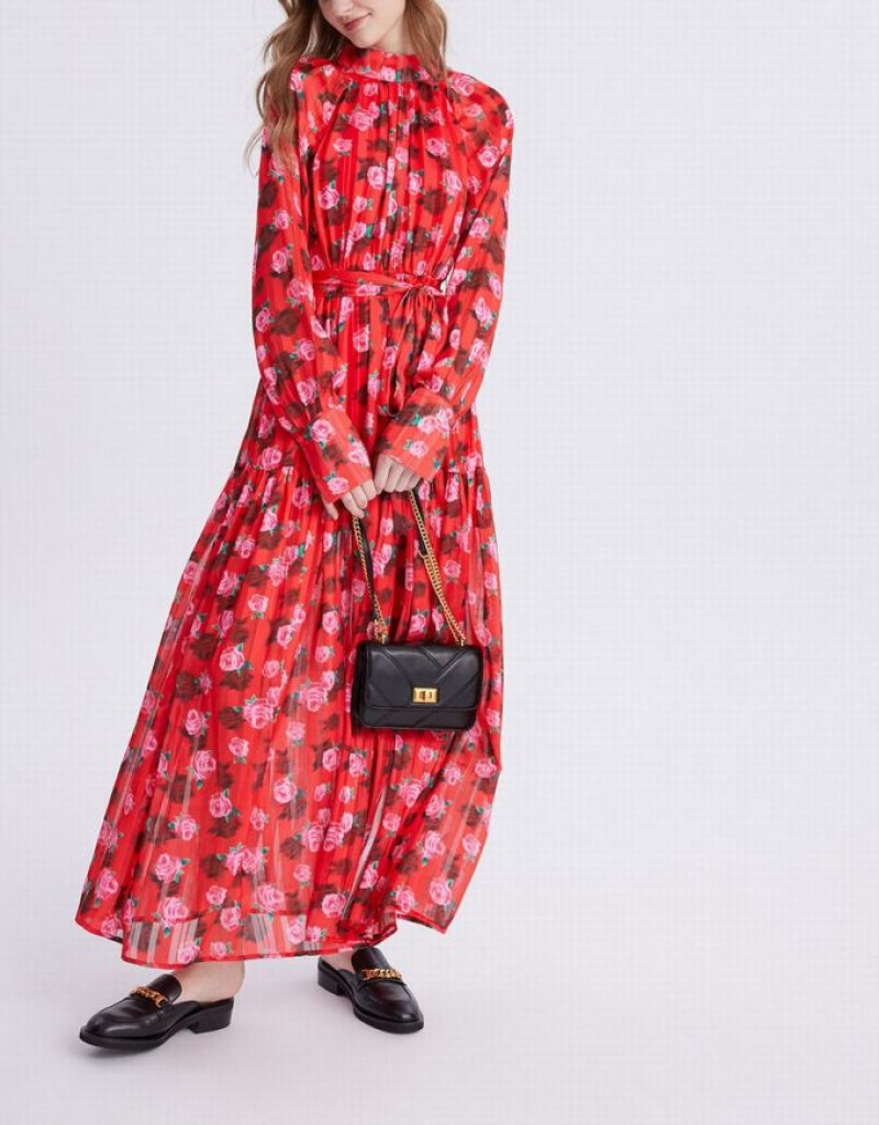 Urban Revivo Floral Print Belted Maxi Chiffon Women's Maxi Dress Red | XEPBLHW-15