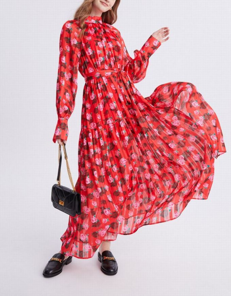 Urban Revivo Floral Print Belted Maxi Chiffon Women's Maxi Dress Red | XEPBLHW-15