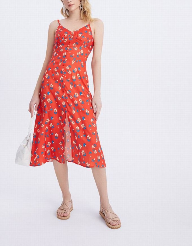 Urban Revivo Floral Print Cami Midi Women's Midi Dress Red | NERAVUM-32