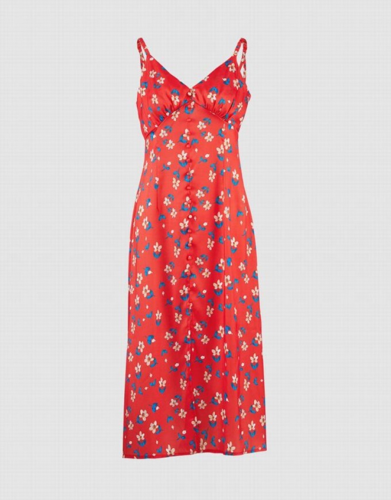 Urban Revivo Floral Print Cami Midi Women\'s Midi Dress Red | NERAVUM-32