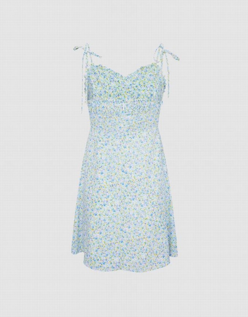 Urban Revivo Floral Print Cami Women's Dress Blue | MZETLAD-06