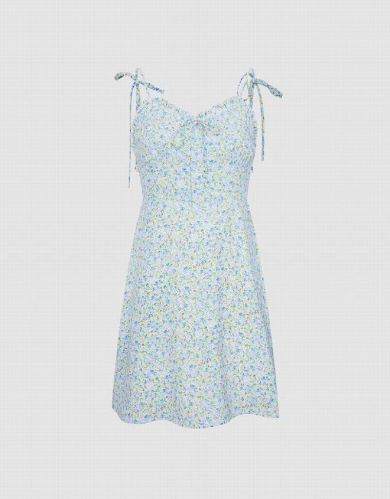 Urban Revivo Floral Print Cami Women\'s Dress Blue | MZETLAD-06