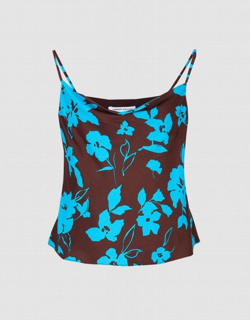 Urban Revivo Floral Print Cowl Neck Women\'s Camisole Brown / Blue | AGZHKMB-26