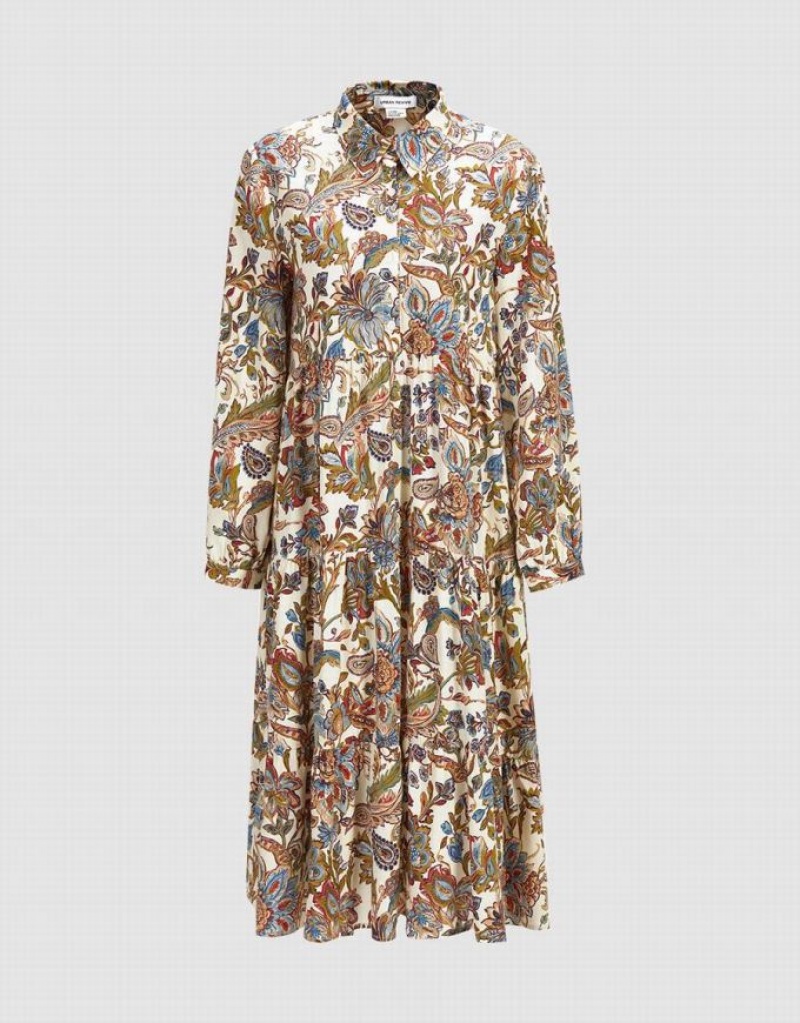 Urban Revivo Floral Print Half Button Women\'s Shirt Dress Khaki | CZHBWMD-15