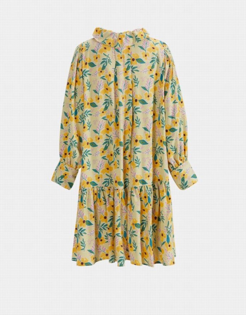 Urban Revivo Floral Print Knot Front Ruffle Hem Women's Casual Dress Yellow | YGPOIBT-93