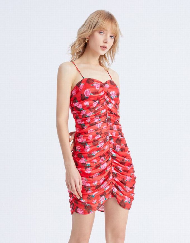 Urban Revivo Floral Print Ruched Chiffon Cami Women's Dress Red | DONCQPF-18