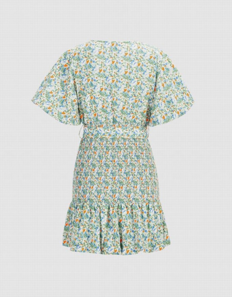 Urban Revivo Floral Print Shirred Belted Women's Casual Dress Green | IEALQCX-40