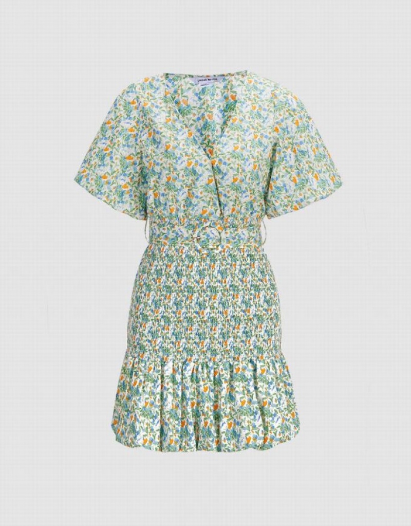 Urban Revivo Floral Print Shirred Belted Women\'s Casual Dress Green | IEALQCX-40