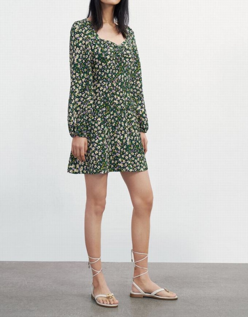 Urban Revivo Floral Print Sweetheart Long Sleeve Women's Casual Dress Green | TNOVKFX-02