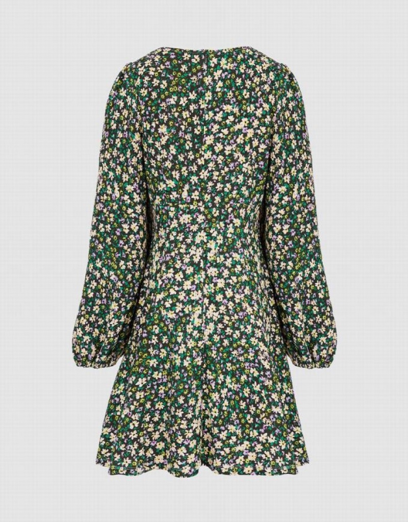 Urban Revivo Floral Print Sweetheart Long Sleeve Women's Casual Dress Green | TNOVKFX-02