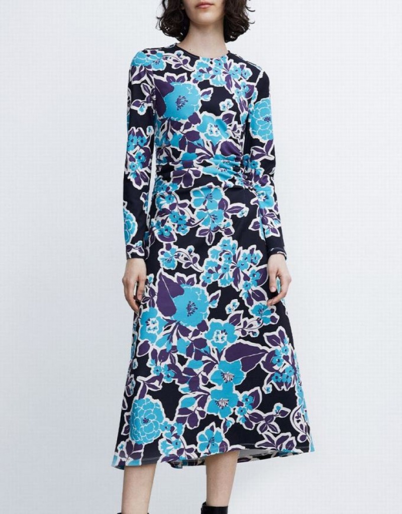 Urban Revivo Floral Print Women's Knitted Dress Blue | WRCKJPZ-48