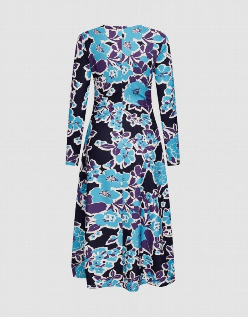 Urban Revivo Floral Print Women's Knitted Dress Blue | WRCKJPZ-48