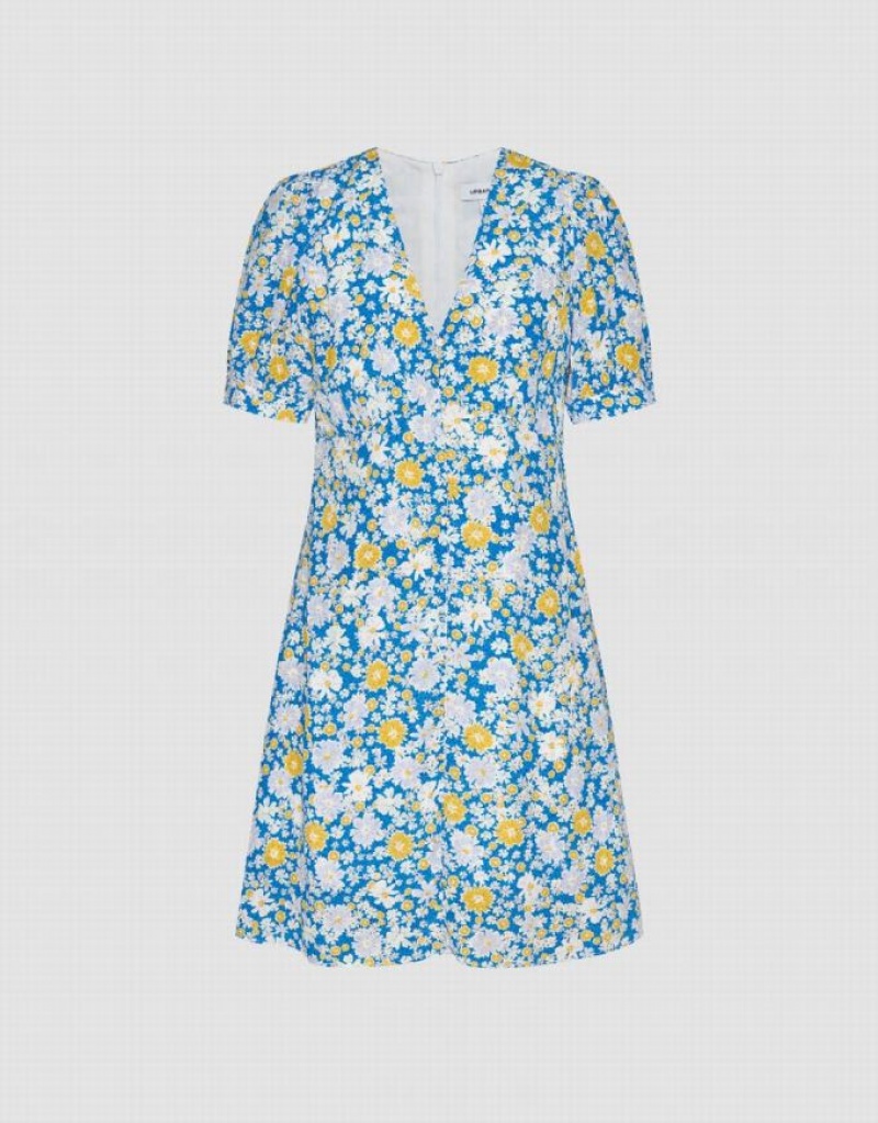 Urban Revivo Floral Printed V-Neck A-Line Women's Dress Blue | QZCYEMX-30