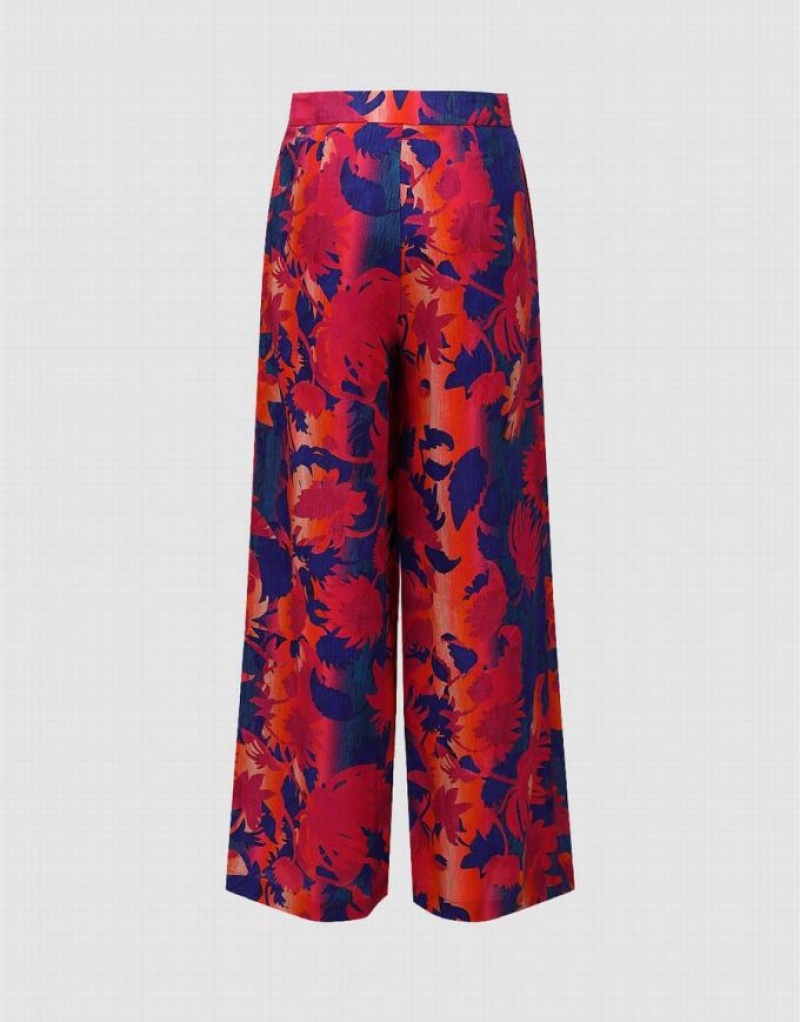 Urban Revivo Floral Printed Wide-Leg Women's Pants Red | EPXGVRC-58